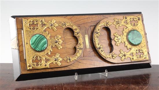 A Victorian ormolu and malachite mounted bookslide, retailed by Parkins & Gotto, 16in.